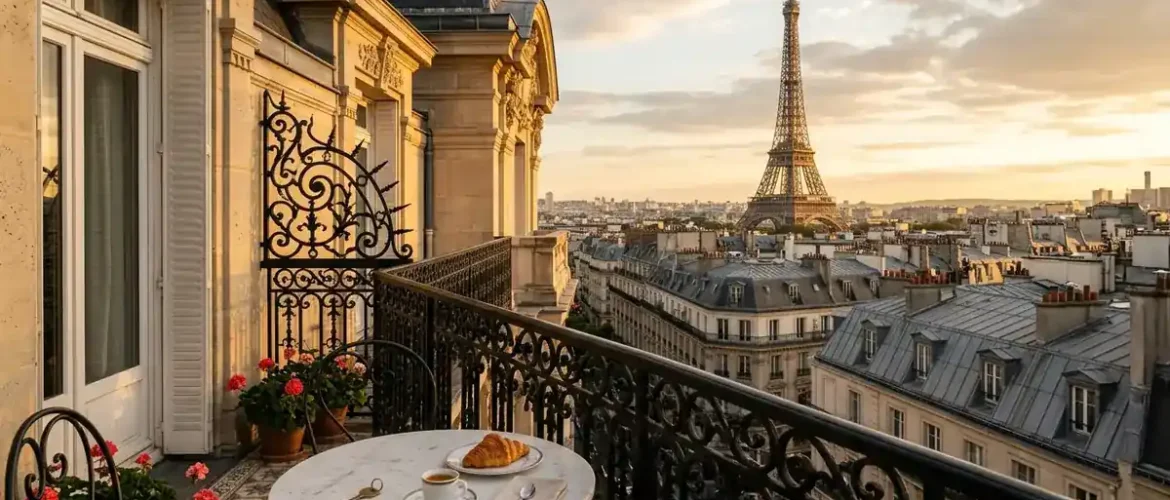 Paris Boutique Hotel Balcony View of the Eiffel Tower at Golden Hour
