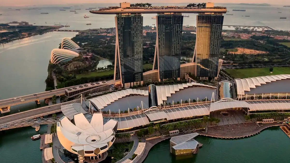 Singapore Marina Bay Skyline and Waterfront Architecture at Twilight